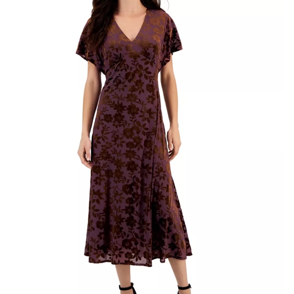 Women's V-Neck Short-Sleeve Burnout Velvet Midi Dress